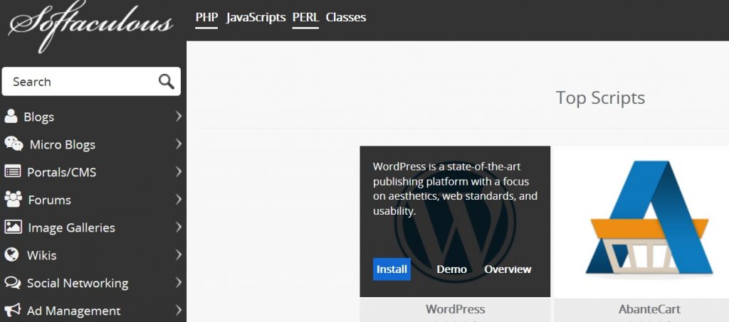 Wordpress Installer in Softaculous